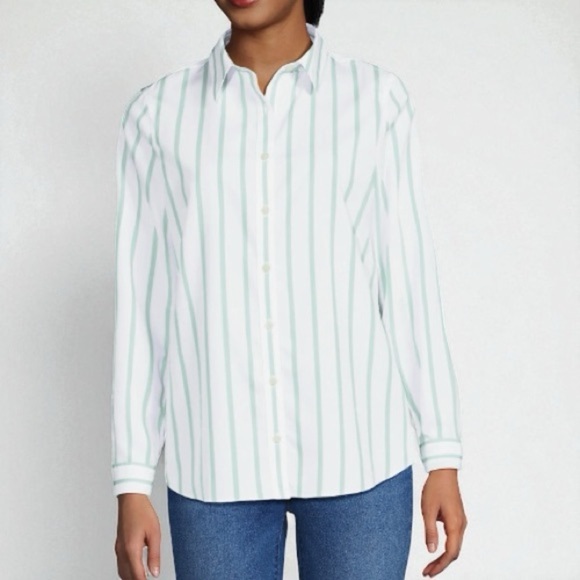 Lands' End Women's No Iron Cotton Long Sleeve White and Green Striped Shirt 14 P - Picture 2 of 9